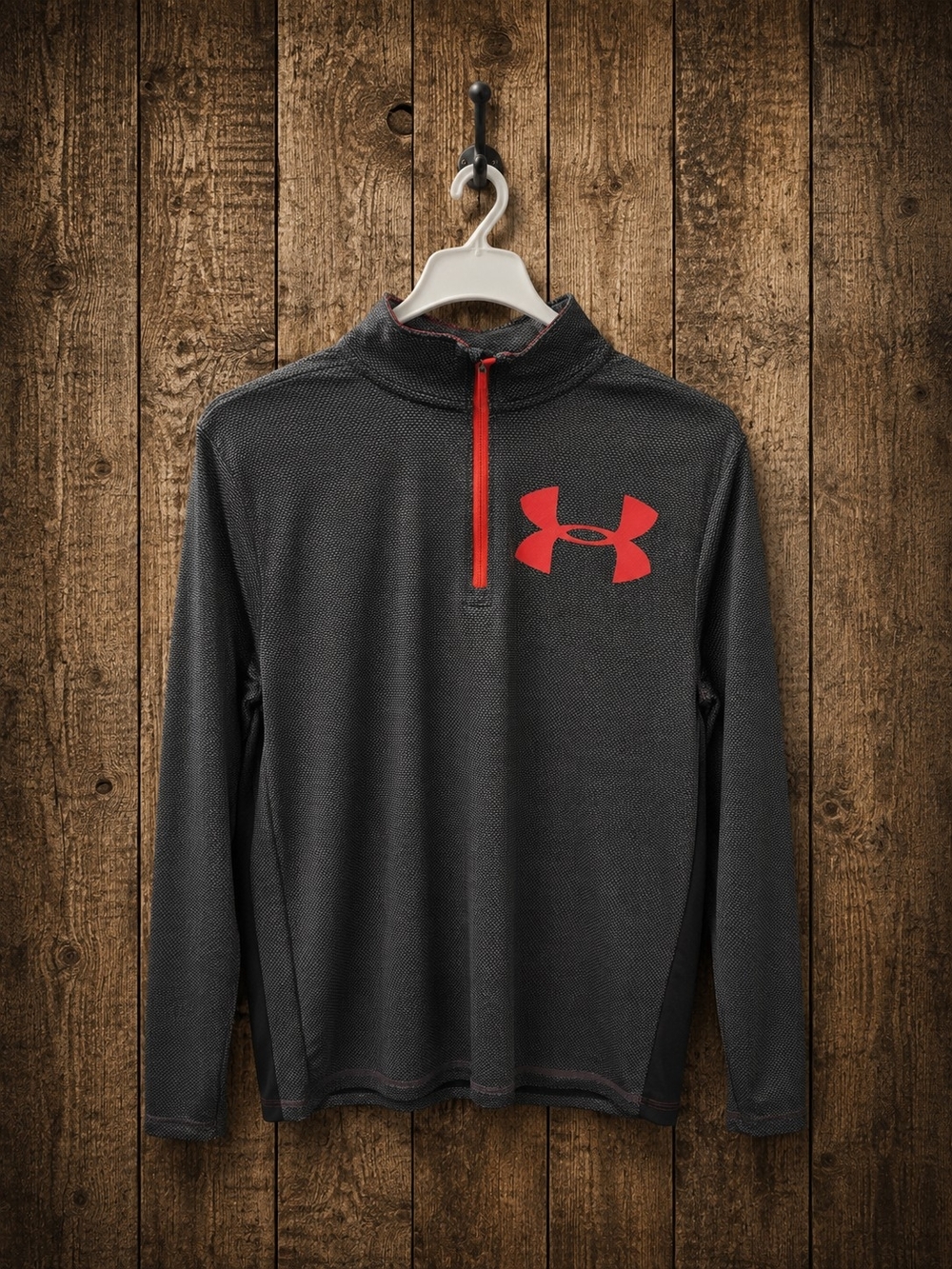 Under Armour Boys Charcoal Grey Quarter-Zip Pullover with Red Logo and Zip